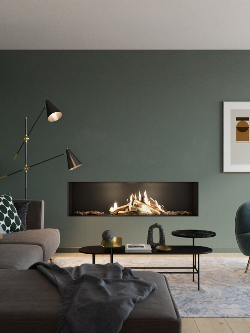 Side view of RAIS Visio 160 F gas fireplace insert with sleek black frame and large front glass showcasing flames.