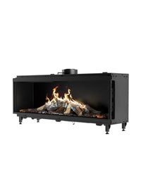 Side view of RAIS Visio 160 F gas fireplace insert with sleek black frame and large front glass showcasing flames.