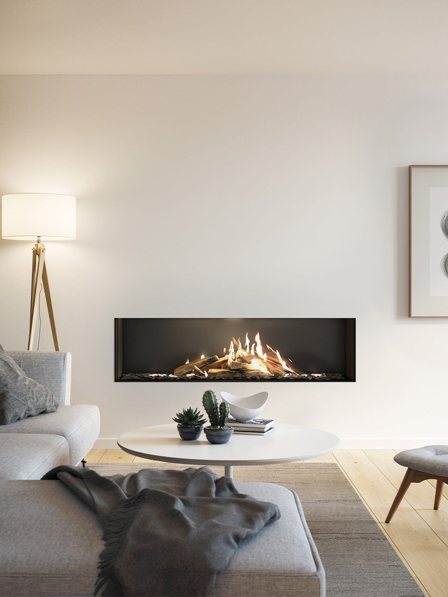 Front view of RAIS Visio 160 F gas fireplace insert with clear glass and sleek black frame, showcasing the flames.