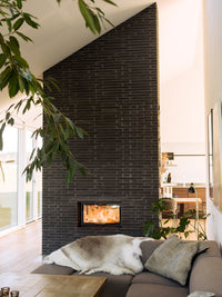 Double-sided wood burning stove with sleek design and wide glass windows, showcasing modern elegance in a stylish home setting.