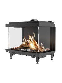Side view of RAIS Visio 70 3S gas fireplace insert with three glass sides and a sleek black frame.