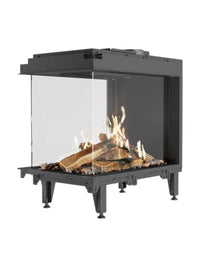 Side view of RAIS Visio 70 RD gas fireplace insert, showcasing its sleek black design and dual glass fronts.