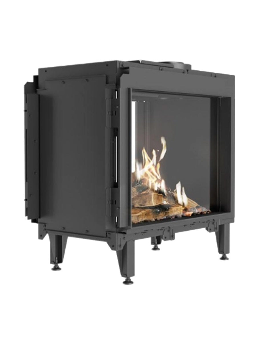 RAIS Visio 70 T gas fireplace insert tunnel with black frame, showcasing flames visible from both rooms.