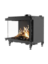 Side view of RAIS Visio 70 C Gas Fireplace Insert in black frame, showcasing dual glass panels and realistic flames.