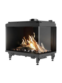 Side view of RAIS Visio 70 C gas fireplace insert in black frame, showcasing flames and corner design.