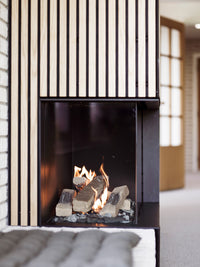 Side view of RAIS Visio 70 C Gas Fireplace Insert in black frame, showcasing dual glass panels and realistic flames.