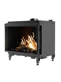 Side view of RAIS Visio 70 F gas fireplace insert with black frame, showcasing non-reflective glass and flames.