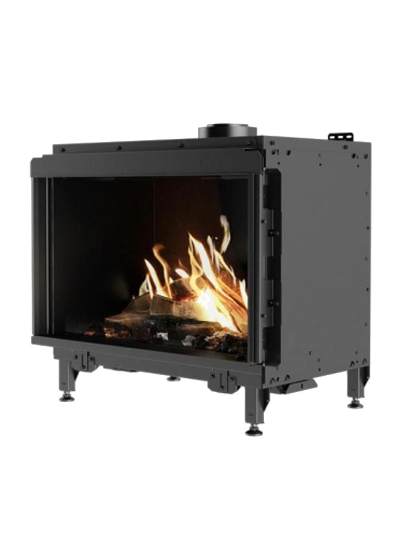 Side view of RAIS Visio 70 F gas fireplace insert with black frame, showcasing non-reflective glass and flames.