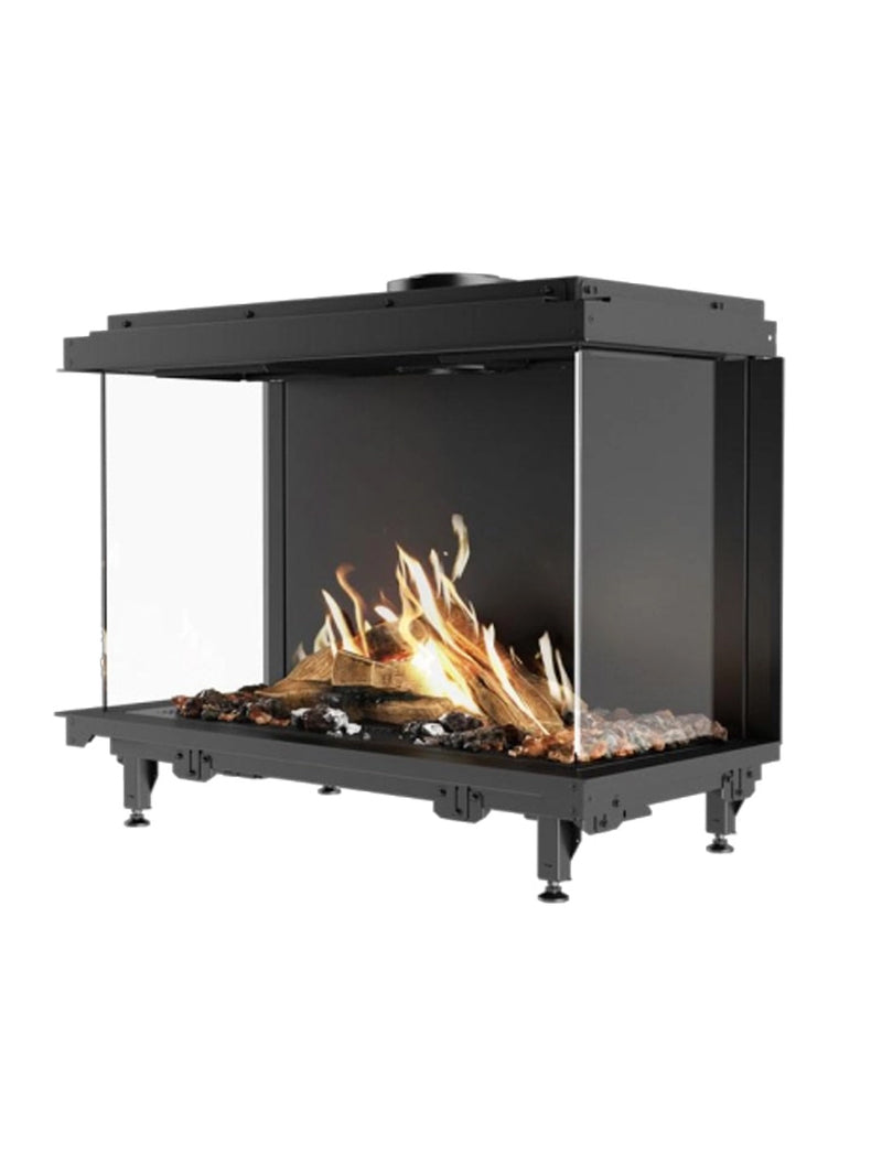 Side view of RAIS Visio 90 3S gas fireplace insert with three-sided glass and steel frame in a modern setting.