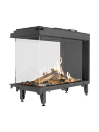 Side view of RAIS Visio 90 RD gas fireplace insert with black frame, showcasing flames through three large glass sides.