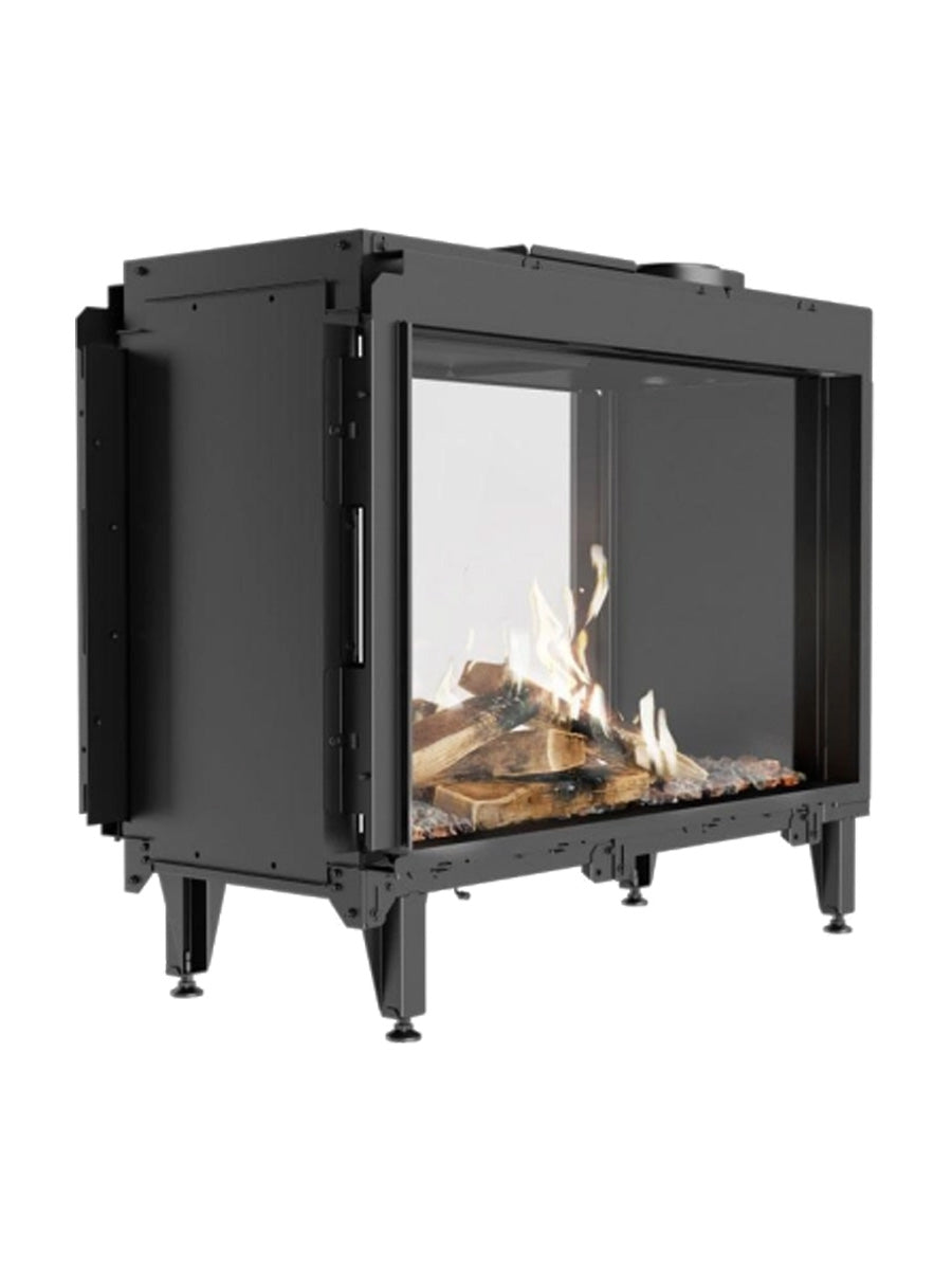 Large black gas fireplace insert with a glass front, showcasing flames, viewed from the front.