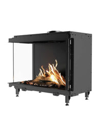 Side view of RAIS Visio 90 C gas fireplace insert in black frame, showcasing corner design and dual glass panels.