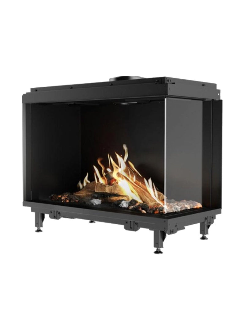 Side view of RAIS Visio 90 C gas fireplace insert in black frame, showcasing corner design and glass sides.