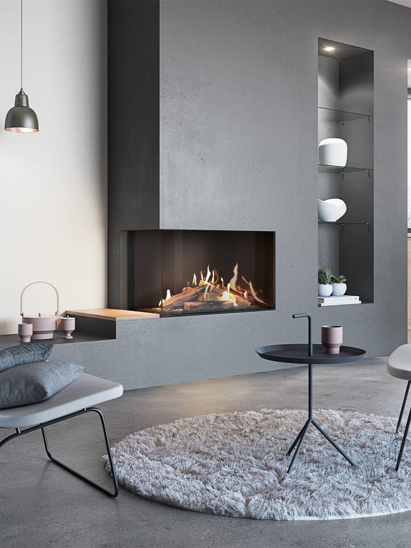 Corner gas fireplace insert with glass sides, black frame, showcasing authentic flames and remote control features.