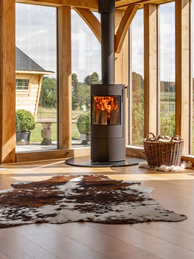 Side view of the RAIS Viva L 100 wood burning stove with a glass door, showcasing its sleek design and curved glass.
