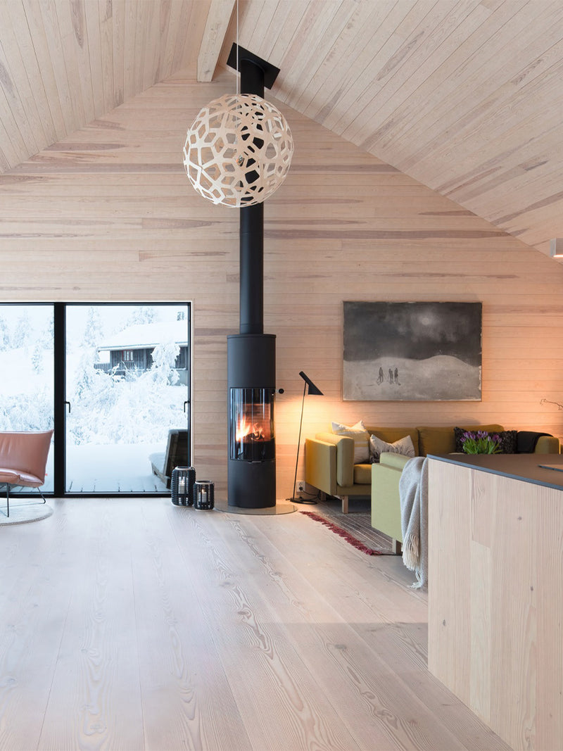 Side view of RAIS Viva L 160 wood burning stove with glass door, showcasing its round design and curved glass panel.