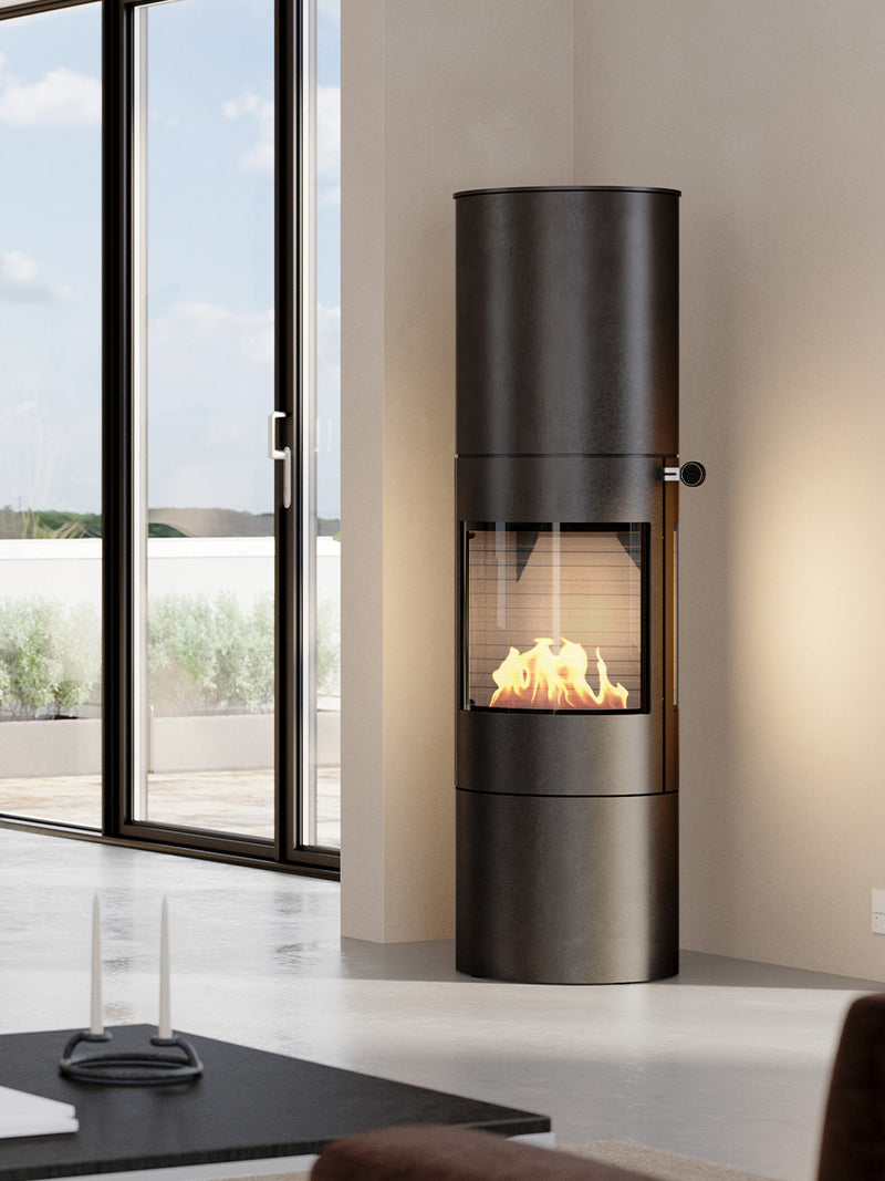 Round RAIS Viva L 160 bioethanol fireplace stove with glass door, sleek design, compact size, modern black finish.