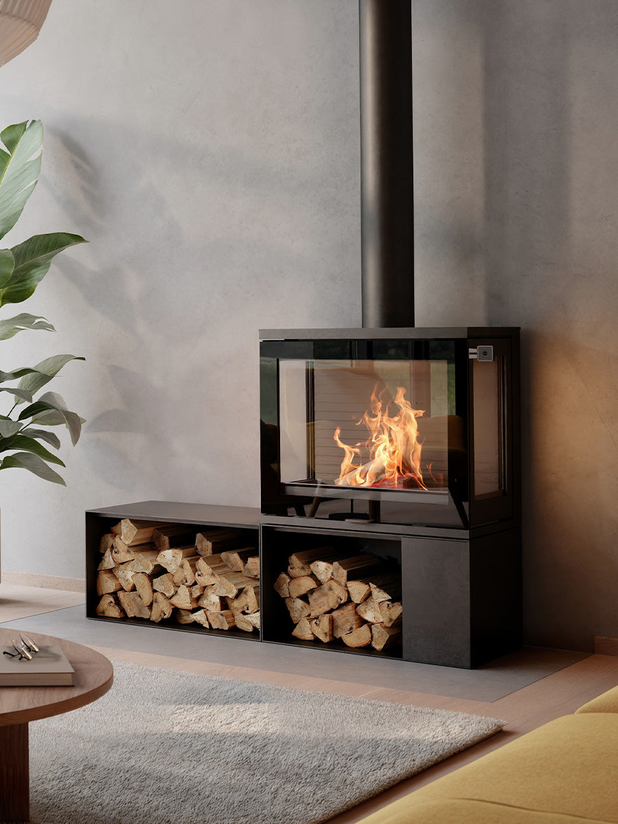 Freestanding RAIS 600 Art wood burning stove with glass door, showcasing side glass and sleek design in a modern setting.