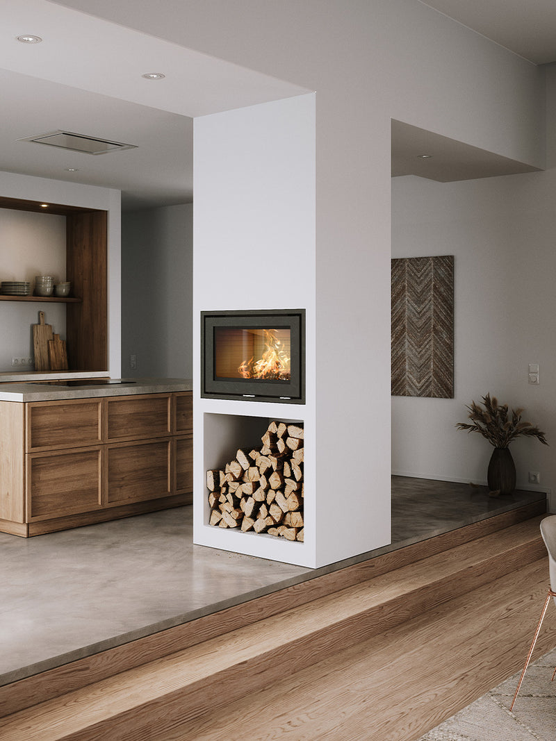 Front view of the Rais 500 1 inset wood burning stove with a sleek black frame and large glass pane showcasing the fire.