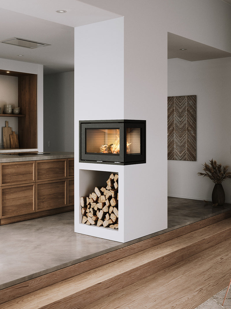 Corner view of Rais 500 2 Inset Wood Burning Stove with glass on two sides, showcasing its sleek design and wood finish.