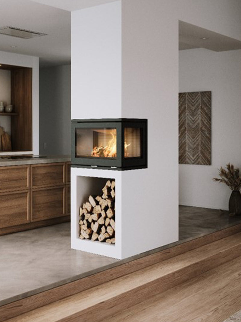 Elegant three-sided wood burning stove with glass panels, showcasing a modern design in a sleek black finish.