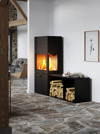 Side view of RAIS 600 Max wood burning stove with glass door and two storage boxes in sleek black finish.