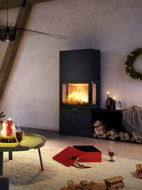 RAIS 600 Max wood burning stove with glass door, three storage boxes, and sleek design, shown from the front view.