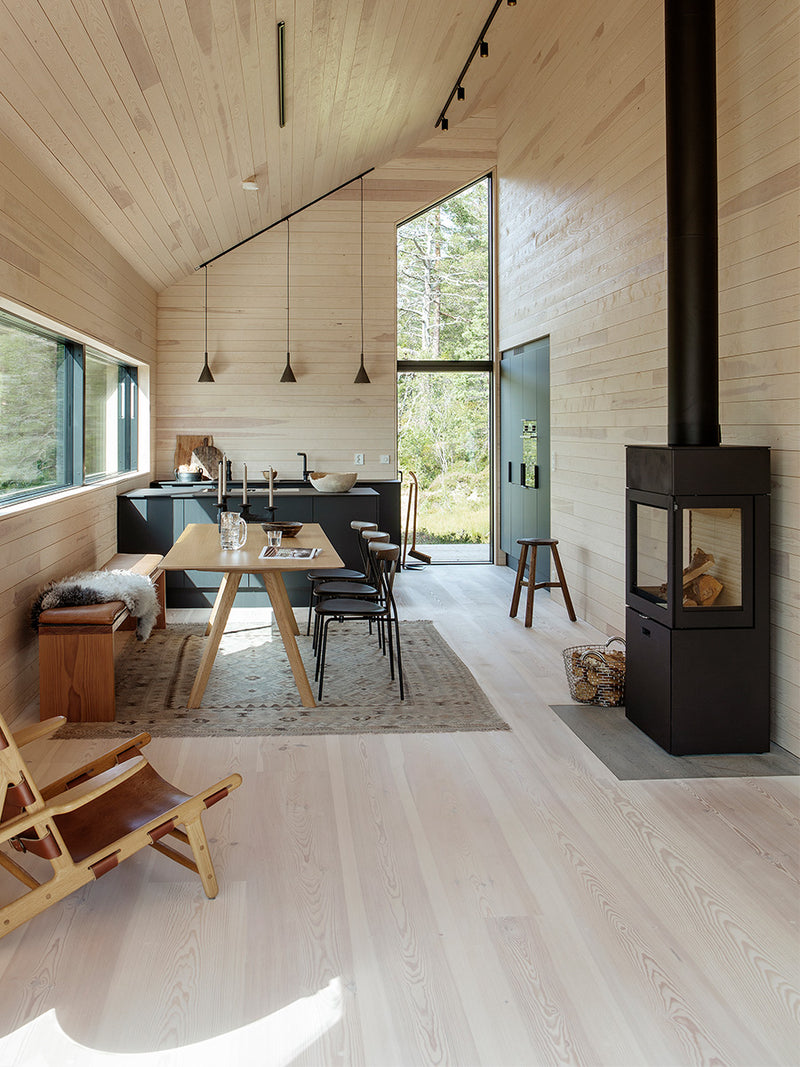 Side view of RAIS 600 Max wood burning stove with steel door, showcasing elegant design and storage box.