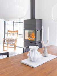 RAIS 600 Max wood burning stove with steel door and two storage boxes, showcasing elegant design and modern finish.